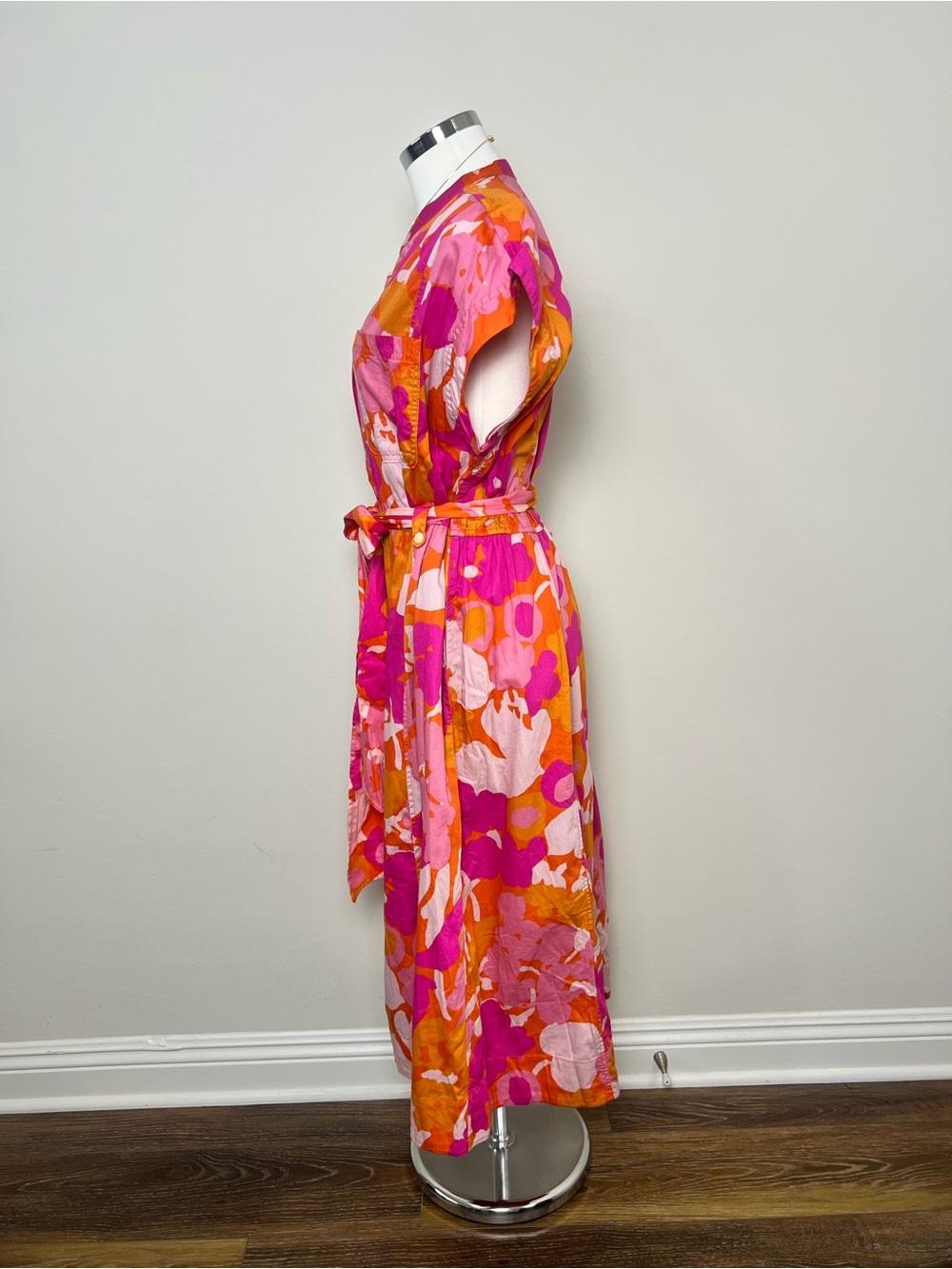 Free Assembly Women's Belted Midi Dress Size L Pink Orange Floral 100% Cotton - Picture 5 of 11